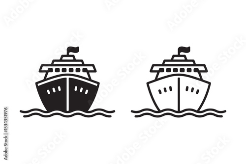 Cruise Ship Outline and Solid Vector Icons - Boat Vessel on Water Symbol