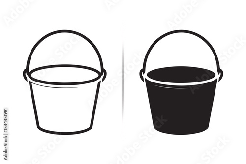 Empty Bucket Outline and Solid Vector Icons - Simple Pail Symbol Set