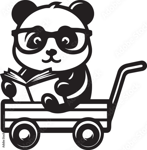 Adorable Panda Wearing Glasses Rides Wagon Filled with Books Cute Cartoon Character Illustration Perfect for Kids Books or Educational Materials