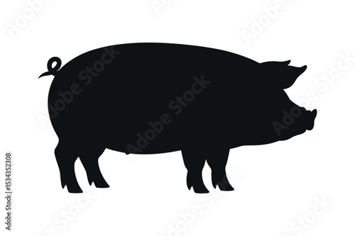 Black Silhouette of a Pig Standing on White Background Farm Animal Livestock Pork Meat Production Vector Illustration