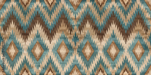 Vibrant geometric pattern in earthy tones and turquoise hues.