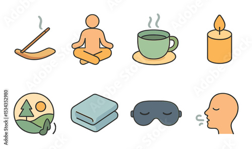 Relaxation and wellness icons set – outline style, calm and peace symbols
