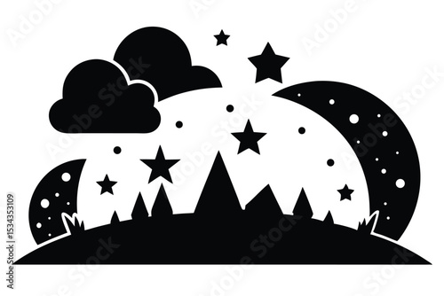 Stylized Black Silhouette Landscape with Clouds, Stars, Trees, and Moon Phases Overhead