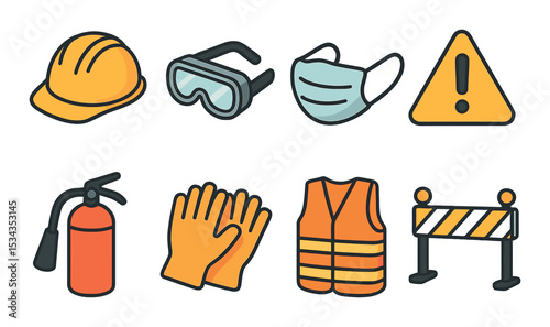 Safety equipment icons set – flat, protective gear and workplace safety symbols