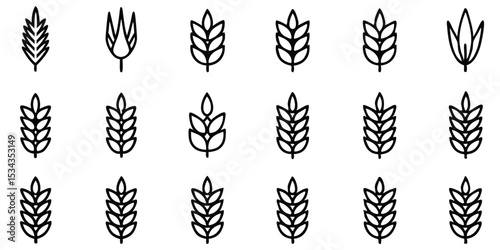 Line art illustration of wheat and grain icons representing agriculture farming harvest and crop production
