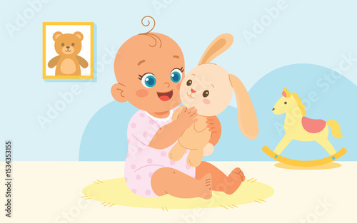 Adorable Baby with Plush Bunny Toy A Sweet Vector Illustration