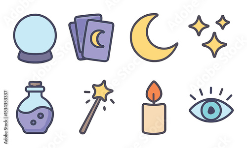 Mystical icons set – flat, magical and spiritual symbols for enchanting designs