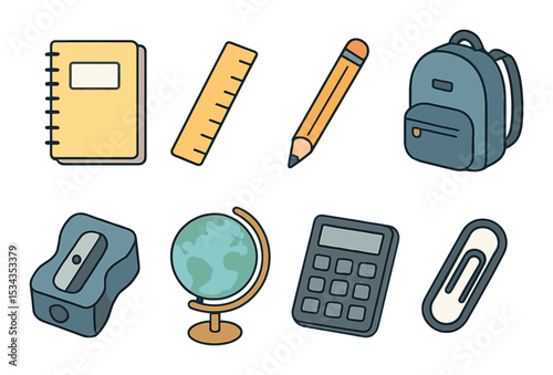 School supplies icons set – flat, educational tools and stationery symbols for students