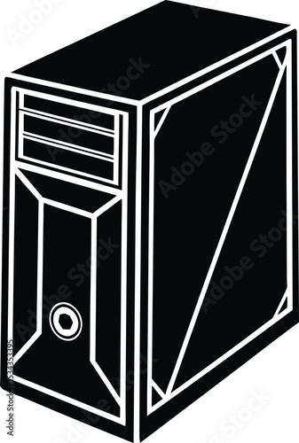 Isometric style computer tower case, Silhouette  modern black and white outline illustration