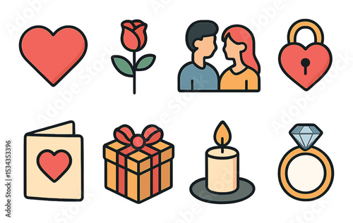 Love symbols icons set – outline, romantic and relationship themed designs