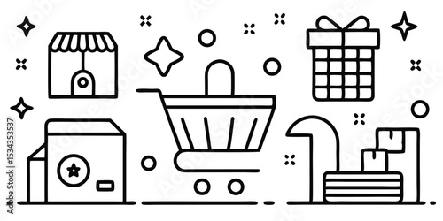 Line art illustration of online shopping delivery cart package gift and retail store elements
