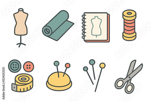 Fashion design icons set – outline, style and sewing themed symbols for creatives