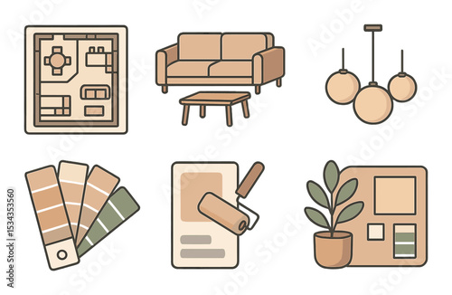 Interior design icons set – flat, home decor and renovation symbols
