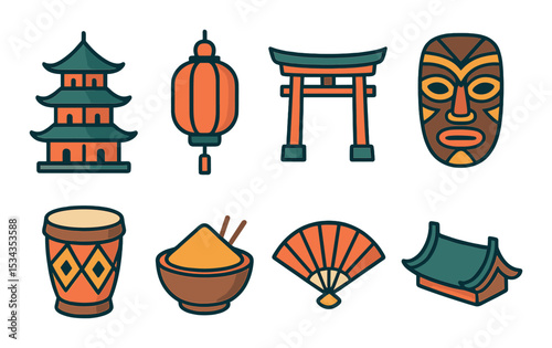 Cultural travel icons set – flat, heritage and traditional design elements