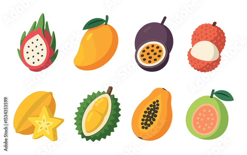 Exotic fruit icons set – flat, colorful tropical fruit symbols for culinary design