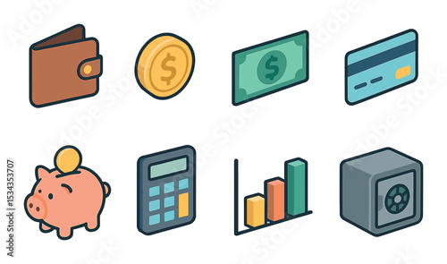 Finance and budgeting icons set – flat, money management and savings symbols