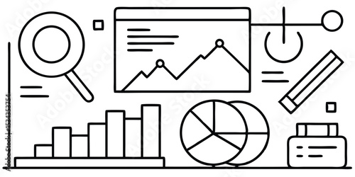 Line art illustration of analytics dashboard with charts data magnifier graphs and digital business metrics
