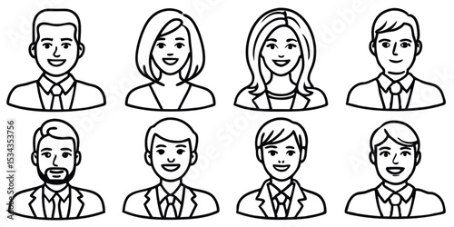 Line art illustration of business avatars with male and female faces in formal clothing for team and profile use
