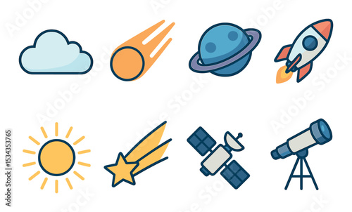 Sky and space icons set – flat, astronomy and cosmos symbols for design