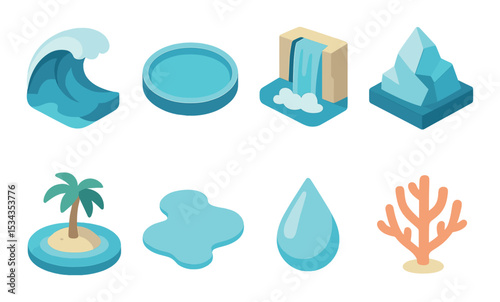 Nature and water 3d icons set – aquatic, environment and natural design elements