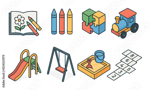 Children's playtime icons set – flat, fun and simple childhood activity symbols