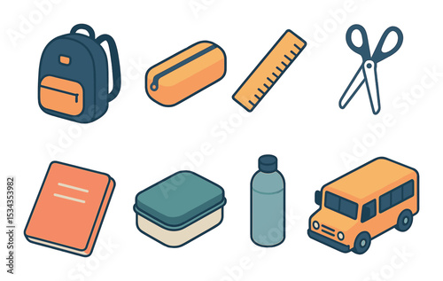 School essentials icons set – outline style, educational tools and supplies symbols