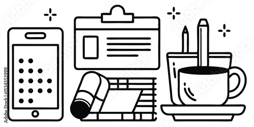 Line art office illustration with smartphone coffee cup pencil clipboard and work supplies
