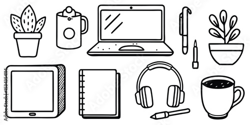 Line art illustration of cozy desk setup with laptop coffee plants notebook and digital accessories
