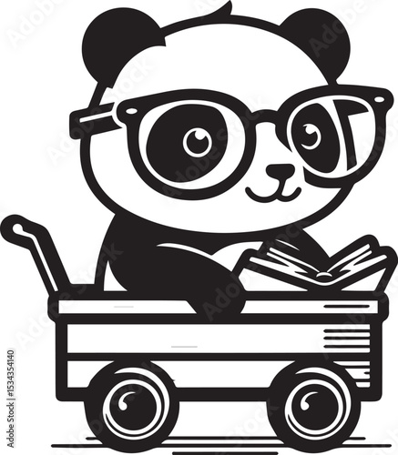 Adorable Panda Wearing Glasses Rides Wagon Filled with Books Cute Cartoon Character Illustration Perfect for Kids Books or Educational Materials