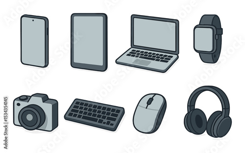 Modern tech icons set – simple, linear designs for digital and electronic devices