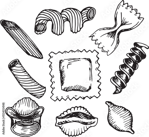 Hand-Drawn Variety of Pasta Types
