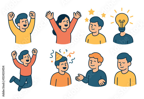 Joyful icons set – flat style happiness, cheerful, fun graphics for creative design