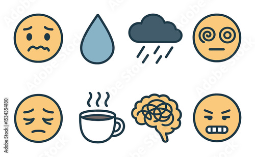 Stress and emotion icons set – outline, mental health and wellness symbols