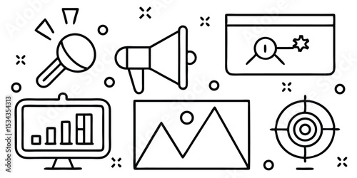Line art business illustration with icons of marketing analytics targeting communication and digital strategy
