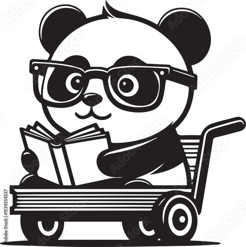 Adorable Panda Wearing Glasses Rides Wagon Filled with Books Cute Cartoon Character Illustration Perfect for Kids Books or Educational Materials