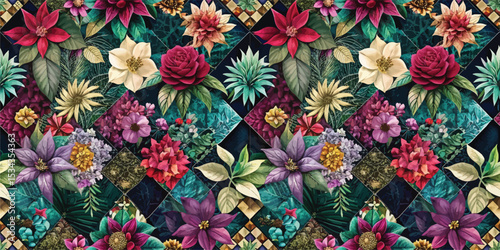 Vibrant floral pattern featuring a variety of colorful flowers and lush greenery.