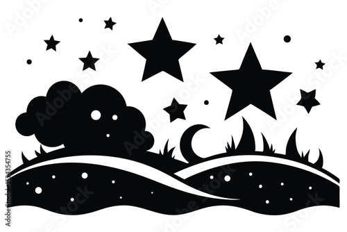 Silhouette of Night Landscape with Stars, Moon, Grass, and Bush Illustration Vector