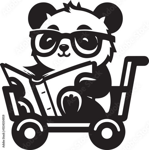 Adorable Panda Wearing Glasses Rides Wagon Filled with Books Cute Cartoon Character Illustration Perfect for Kids Books or Educational Materials