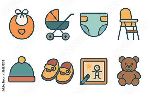 Baby essentials icons set – outline, minimalist and newborn care symbols collection