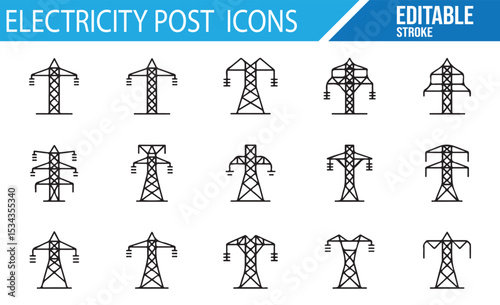 Set of Electrical Post and Power Line Icons for Energy and Utility Design

