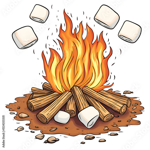 a campfire with marshmallows on sticks  isolated on a white background