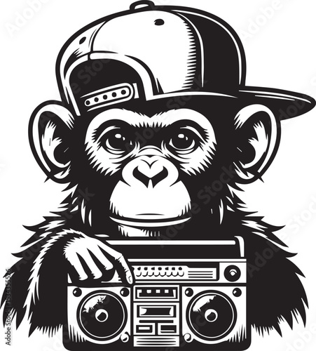 Cool Hip Hop Monkey DJ with Boombox Cassette Player Graphic Design