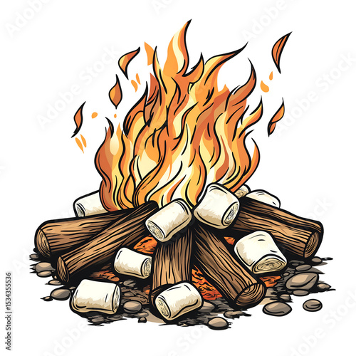 a campfire with marshmallows on sticks  isolated on a white background