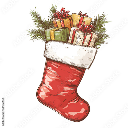 Christmas stocking filled with gifts  isolated on a white background
