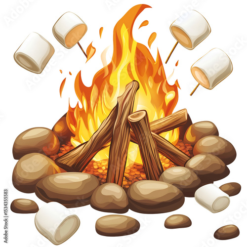 a campfire with marshmallows on sticks  isolated on a white background