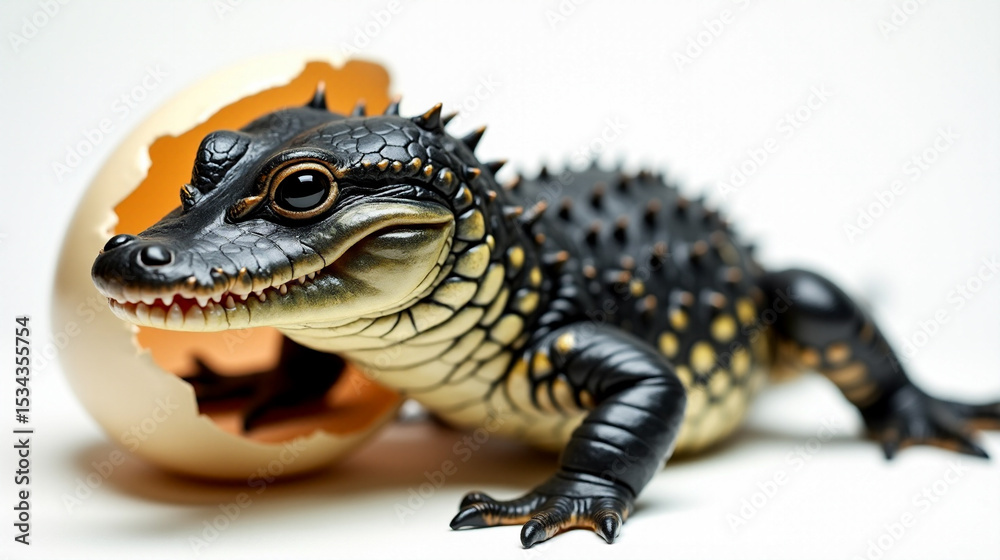 Fototapeta premium Newly hatched baby alligator with front legs still in cracked leathery egg during early morning hours in a natural habitat