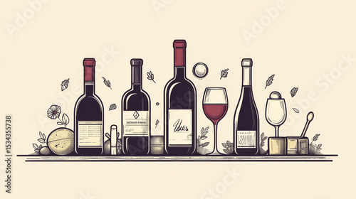 A sleek wine list design featuring line art of a wine bottle, glass, corkscrew, and cork in a contemporary vector style