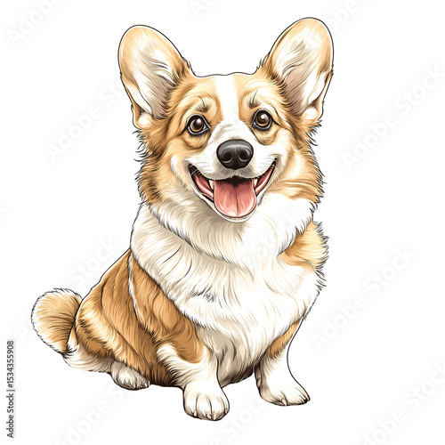 fluffy corgi dog sitting happy  isolated on a white background