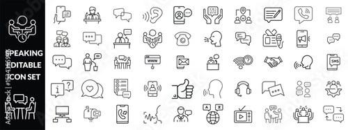 Speaking line editable icon set. Speaking icon set. Communication related icons: speech, talk, discussion, speech bubble, team, meeting, people, business and more