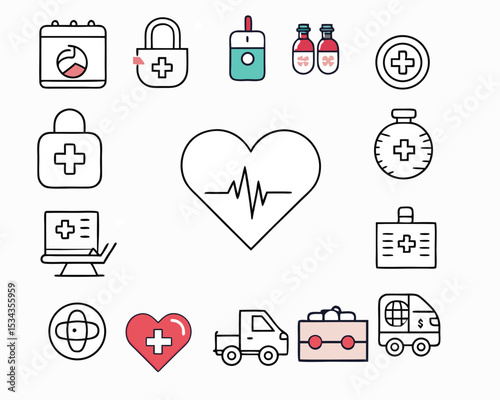 Outline Medical Icons – Heart, Ambulance, Doctor, Treatment, Blood Transfusion & More